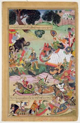 Akbar recibiendo los tambores y estandartes capturados de Abdullah Uzbeg, gobernador de Malwa, en 1564
